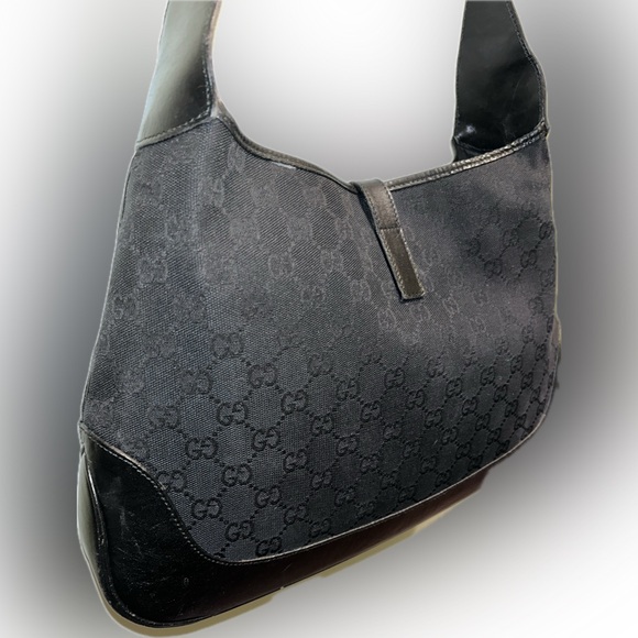 Vintage Gucci Jackie Black Monogram Logo Canvas Leather Luxe Shoulder Bag Purse - Picture 7 of 16